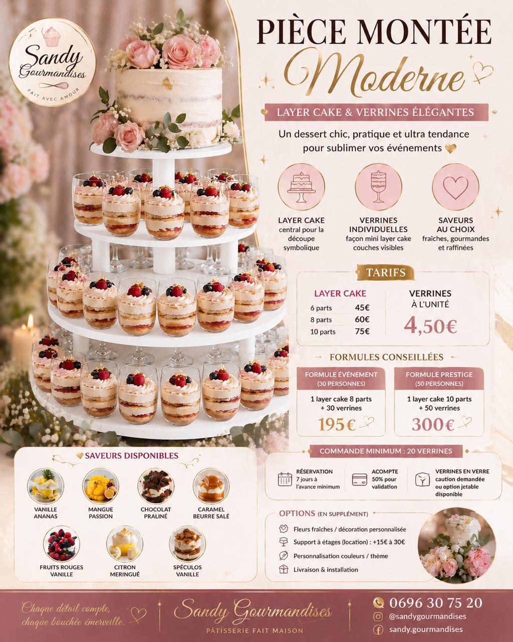 Offre pièce montée moderne avec layer cake, verrines, saveurs et tarifs