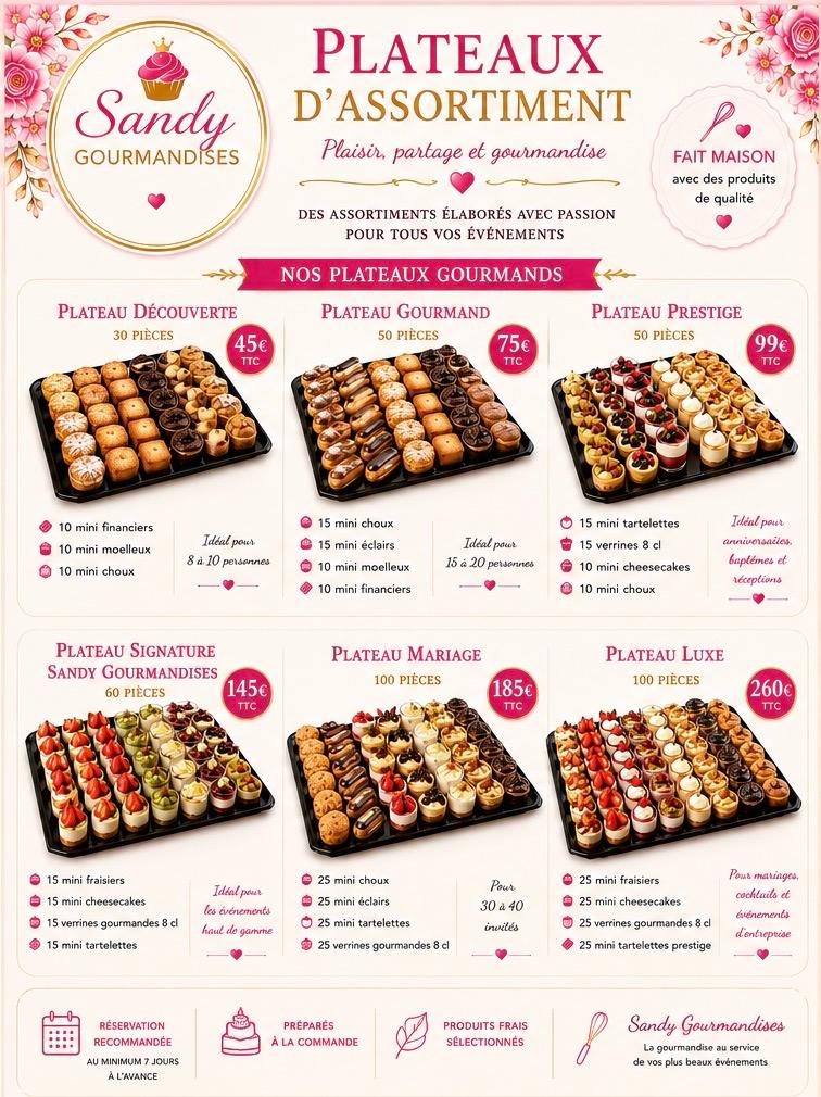 Carte des plateaux d’assortiment Sandy Gourmandises avec compositions et tarifs